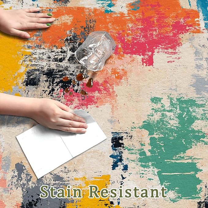 6x9 Colorful Area Rug Modern Abstract Beige Orange Yellow Pink Blue Black White Grey Rug Bedroom Low Pile Thin Large Carpet Living Room Non Slip Dining Room Stain Resistant Office Washable Machine