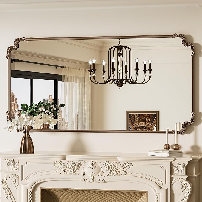 TETOTE Vintage Antique Gold Rectangle Mirror for Mantle Fireplace 60 x 30 Traditional Baroque Ornate Scroll Wall Mirror with Metal Frame for Living Room Bedroom, Horizontal/Vertical