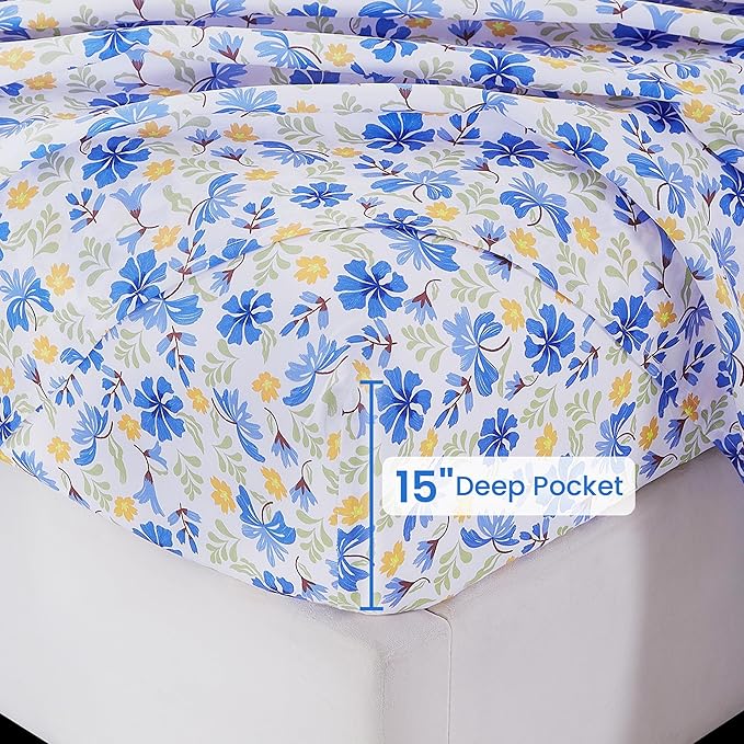 Softan Vintage Blue Floral Queen Bed Sheets, Cozy Microfiber Flower Printed Sheets with 15" Deep Pocket Fitted Sheet & Non-Slip Straps, Patterned Floral in Blue & Amber Sheets & Pillowcase Set