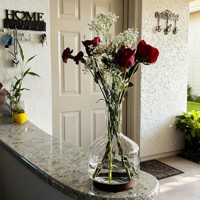 Clear Glass Vase Flower, Rippled Flower Vases with Wooden Base, 10-inch Modern Round Vases, Suitable for Living Room, Dining Room...