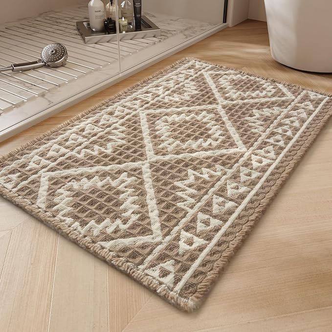 PADOOR-Waffle Bath Mat-Super Absorbent Bath Mats for Bathroom, Machine Washable Non Slip Bathroom Rug with Tassels, Soft Bathroom Mat for Laundry Room, Bedroom, Brown & Cream, 17"x28"