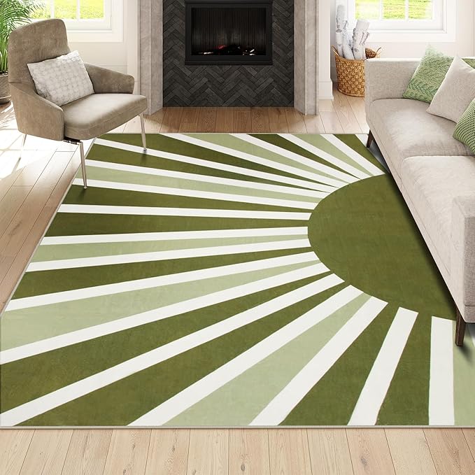 Lahome Green Area Rug: 5'x7 'Ultra-Thin Machine Washable & Non-Slip with Cute Boho Rainbow Sun Print for Living Room, Nursery, Bedroom, Entryway & Office