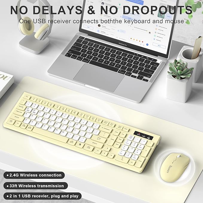 Wireless Keyboard and Mouse Combo, Full-Sized Wireless Keyboard and Adjustable DPI Mouse, 2.4GHz USB Receiver, Silent Keyboard and Mouse for PC, Windows, MAC, Desktop, Laptop (Canary Yellow-B)