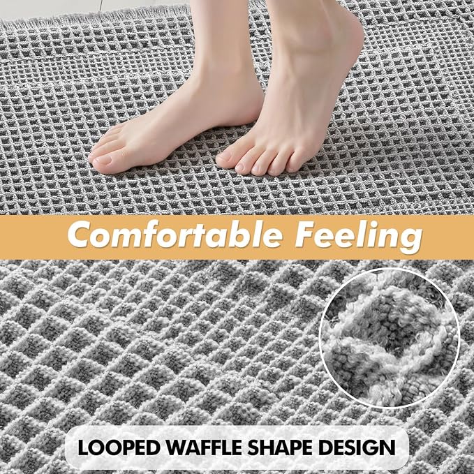MIULEE Set of 2 Waffle Bathroom Rugs, Boho Bath Rug Super Absorbent, Non Slip Washable Ultra Soft Rubber Backed Shower Bath Mats for Floor, Tub, Shower, Looped Design, Light Grey, 17"x24"+18"x30"