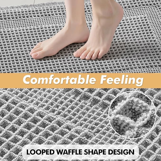 MIULEE Set of 2 Waffle Bathroom Rugs, Boho Bath Rug Super Absorbent, Non Slip Washable Ultra Soft Rubber Backed Shower Bath Mats for Floor, Tub, Shower, Looped Design, Light Grey, 18x30 Inch