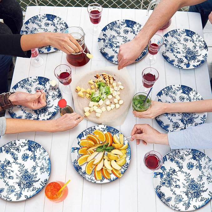 Suclain 60 Pcs Blue Plastic Floral Plates Disposable Heavy Duty White with Blue Floral 9" Dinner Plate and 7" Dessert Plate, Disposable Plastic Plates for Party Birthday Bridal Shower