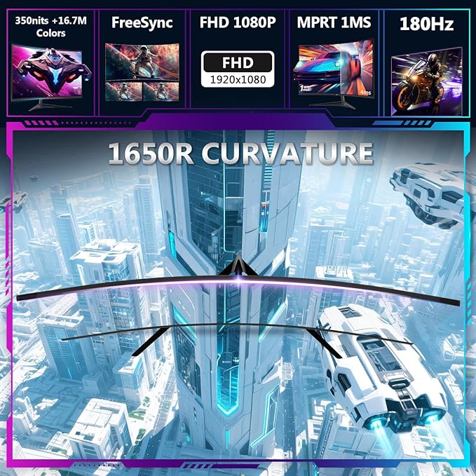 Z-Edge 24 inch Gaming Monitor, 180Hz 165Hz Curved 1650R Computer Monitor, FHD 1080P, Ultra-Fast MPRT 1ms Curved Monitor, 300nits, 16.7M Colors, UG24 1X DP 1.4 Port and 1X 2.1 HDMI Port