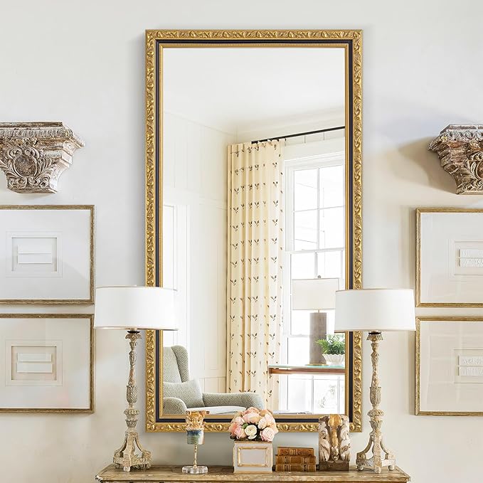 Large Antique Wall Decorative Mirror, 46'' x 22'' Black Gold Retro Wall Decor Mirror, Rectangular Vintage Gold Mirrors for Bathroom, Entryway, Dining Room, Fireplace