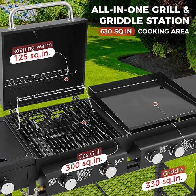 Lyromix 5 Burners Gas Grill and Griddle Combo with Side Burner, Propane Gas Grills with Heavy-duty Enamel Grate, Durable BBQ Outdoor Flat Top Grill for Backyard and Patios, 56000 BTU