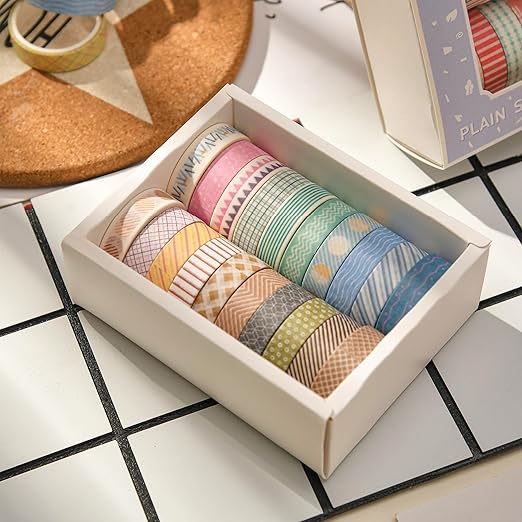 Songdao 20 Rolls Basic Washi Tape Set Japanese Arts Adhesive Tapes Simple Patterns Decorative Masking Tape Sets for Craft, Kids, Scrapbook, DIY, Gift Wrapping (Style Two)