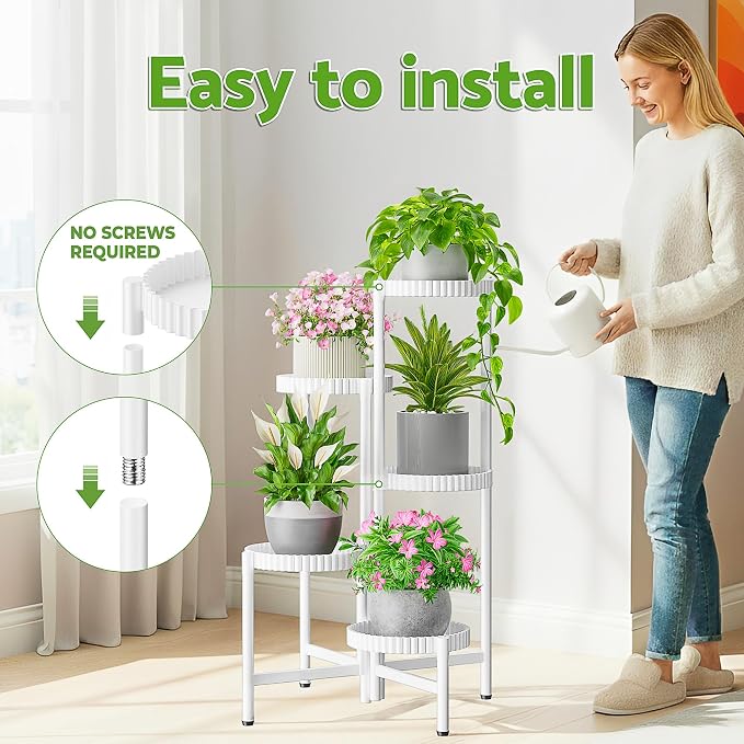5 Tier Large Plant Stand Indoor with 7.9 Inch Wide Tray, Tiered Corner Metal Outdoor Flower Display Holder Shelf, Folding Tall Rack for Patio Porch Living Room Balcony - WhiteFloroma