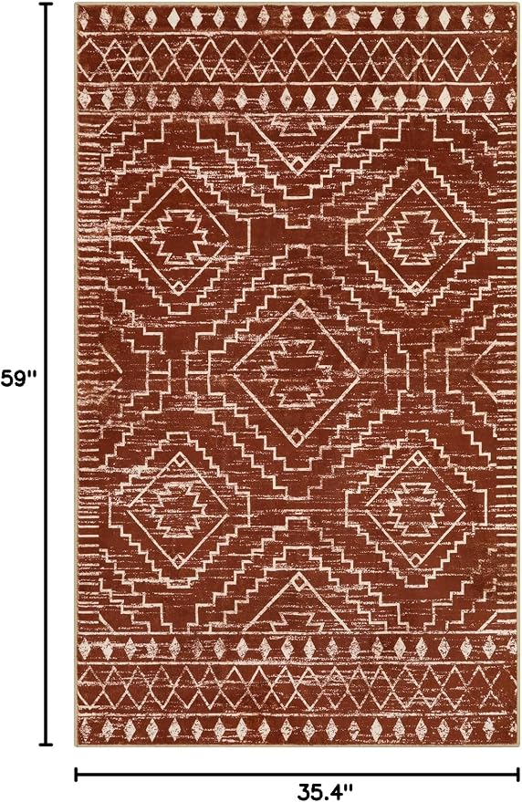 Wonnitar Moroccan Washable Area Rug, 3x5 Non-Slip Rugs for Living Room, Geometric Tribal Kitchen Entry Throw Mat, Soft Low Pile Non-Shedding Carpet for Bedroom Apartment Dorm (Brown,3'x5')