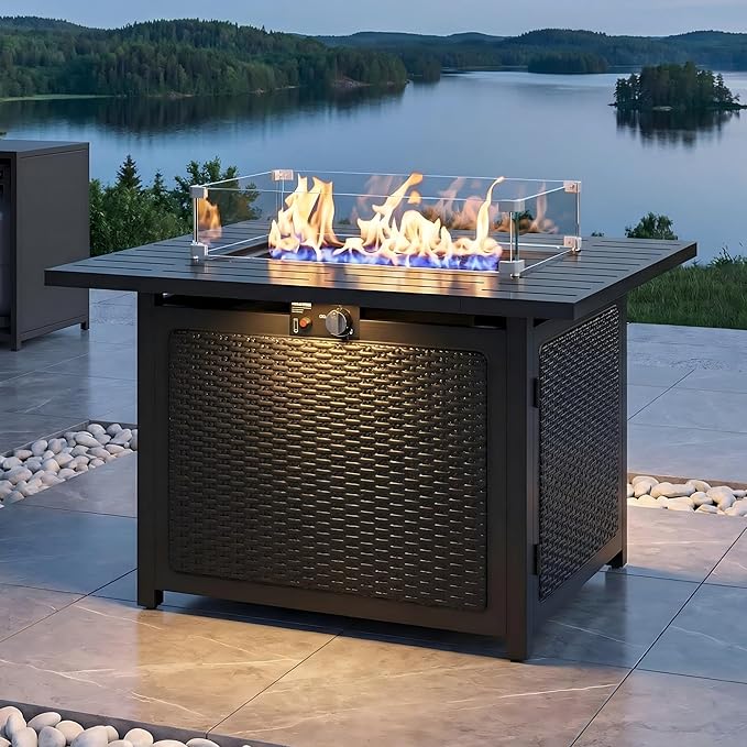 FansaFurn Black Propane Fire Pit Table, 50000 BTU Gas Fire Pits Table with Removable Lid and Lava Rock, Rectangular Fire Table with Cover, Ideal for Dining or Party on Patio, 43'', Garden, Yard