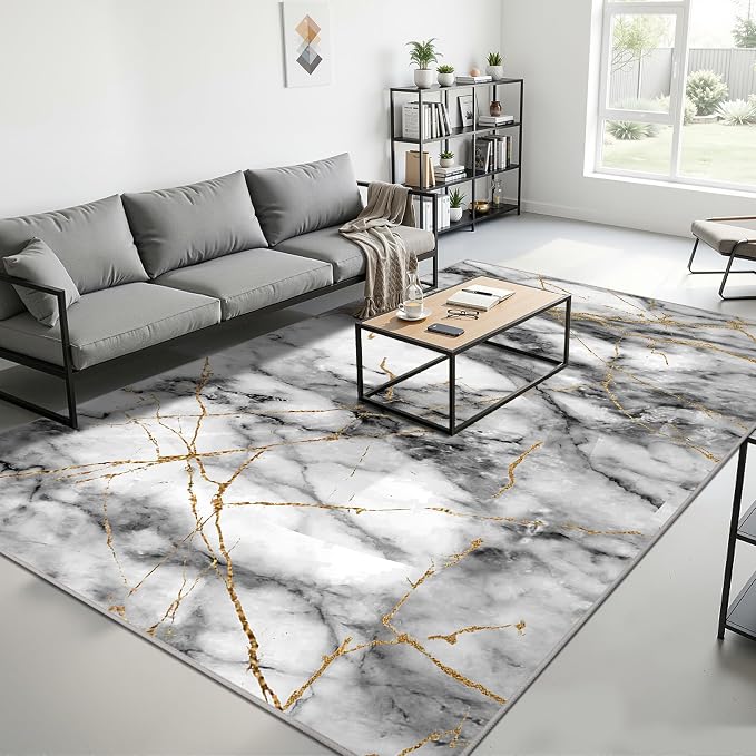 Merelax 5x8 Rug for Bedroom Livingroom - Washable Non-Slip Large Area Rug, Indoor Floor Carpet Low Pile Soft Rug for Dining Room, Mudroom, Modern Aesthetic Abstract Geometric Decor, Grey/Gold