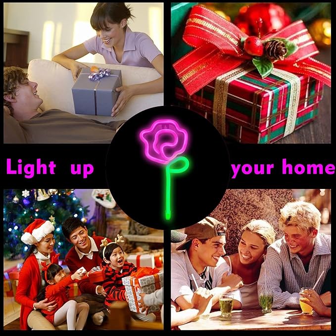ENUOLI Pink Rose LED Neon Sign, USB/Battery Powered, 11x5.5 inch, Home Decor, Party Lamp, Valentine's Day Present