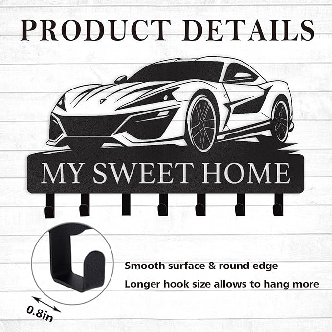 Personalized Metal Key Holder Wall Mount with Hooks, Decorative Car Design Key Hanger for Front Door, Entryway, Hallway, Office