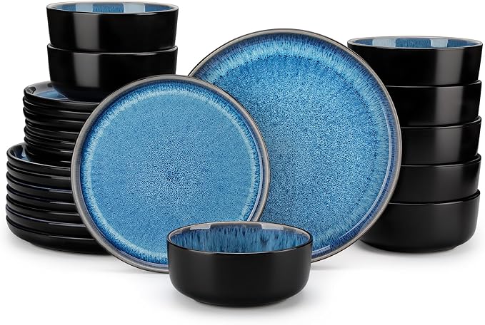vancasso PLAYA Plates and Bowls Sets, 24 Pieces Blue Dinnerware Sets for Kitchen, Reactive Glaze Dishes Set for 8, Dishwasher and Microwave Safe