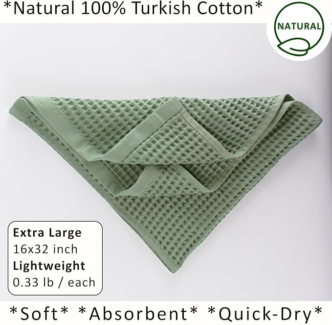 PÜSKÜL Natural 100% Turkish Cotton Waffle Kitchen Towels Set of 3 | Oeko-Tex, Premium Waffle Hand Towels for Bathroom | Soft Absorbent Quick-Dry Lint-Free Dish Towel Large 32x16 inch (3, Sage Green)