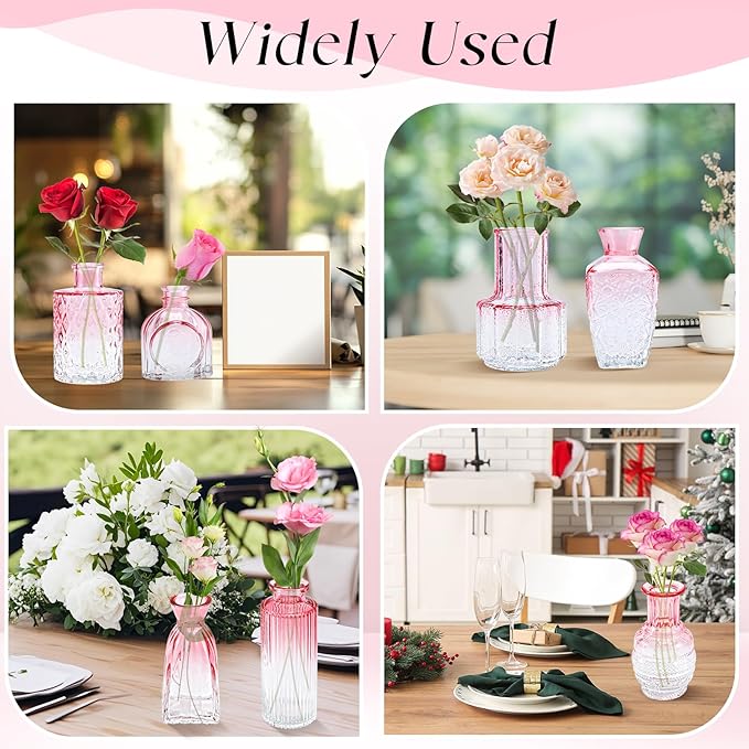 Glass Bud Vases Set of 12,Pink Bud Vases in Bulk,Small Flower Vase for Centerpiece,Mini Vintage Vase for Wedding Home Room Office Table Decor(Pink)
