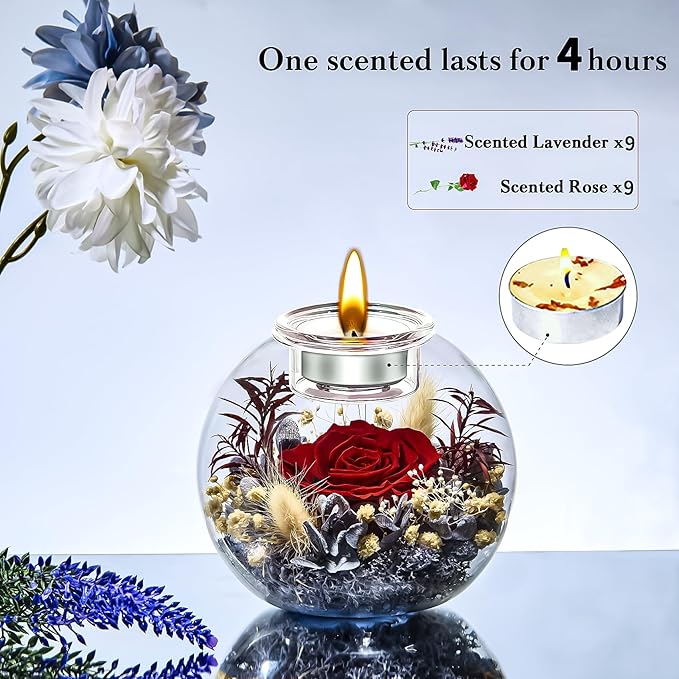 DEEMEI Gifts for Women Birthday Gifts for Women Preserved Real Rose in Glass Dome with Scented Fresh Flowers for Delivery Prime Eternal for Her Mom Grandma Wife Girlfriend Daughter, Red-Grey