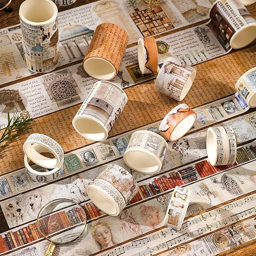 18 Rolls Vintage Washi Tape Set, Castle Stamp Music Retro Masking Tape 5/10/15/20/25/30/50/75mm Wide 6.56ft Long Decorative Scrapbook Tape for journaling, Scrapbooking Supplies, Junk Journal Craft