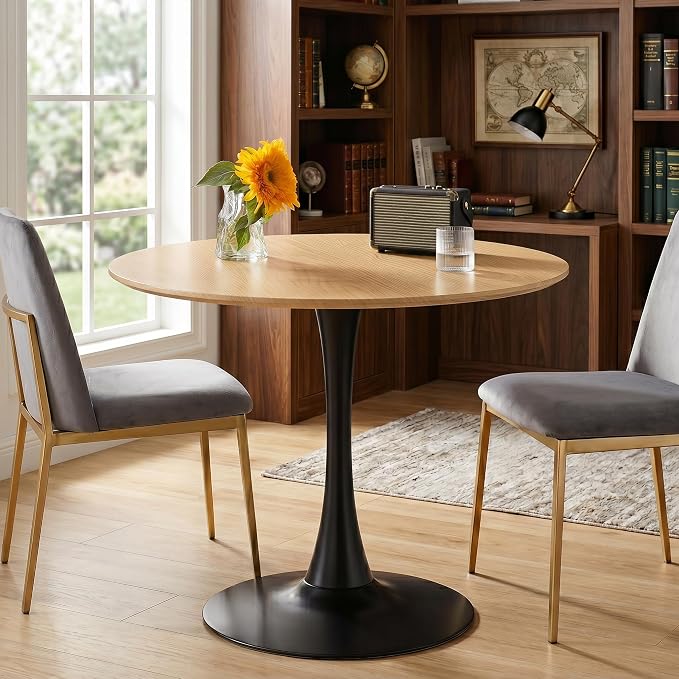 24 Inch Modern Round Dining Table, Mid Century Pedestal Kitchen Table for Small Spaces, Natural Wood Top Coffee Table with Stable Metal Base for Apartment, Living Room, Office, Studio