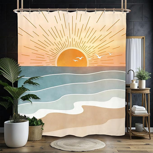 Miyotaa Abstract Orange Sun Minimalist Shower Curtain Set 60Wx71H Inches Beach Sunrise Sunset Aesthetic Coastal Teal Turqoise Aqua Polyester Waterproof Cloth Bathroom Curtain with 12 Hooks