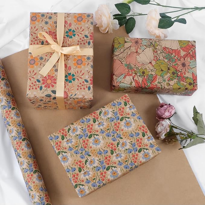 Aimyoo Kraft Floral Wrapping Paper Roll - 3 Rolls- 30 Inch x 10 Feet Per Roll - All Occasion Vintage Flower Gift Wrap Paper for Mother's Day Wedding Birthday Bridal Shower