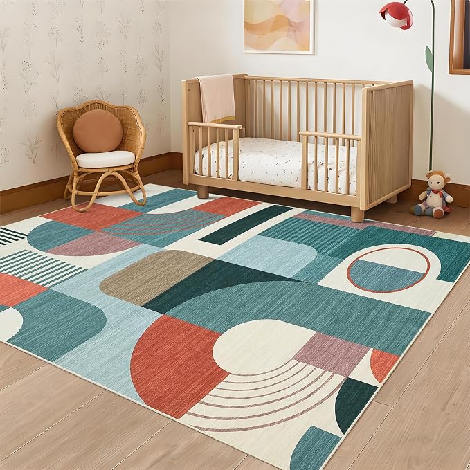 Area Rugs for Living Room, Boho Geometric Washable Rug for Bedroom Entryway Soft Low Pile Non-Slip Indoor Rugs for Dining Room Dorm Playroom, Blue Multi, 5'x7'