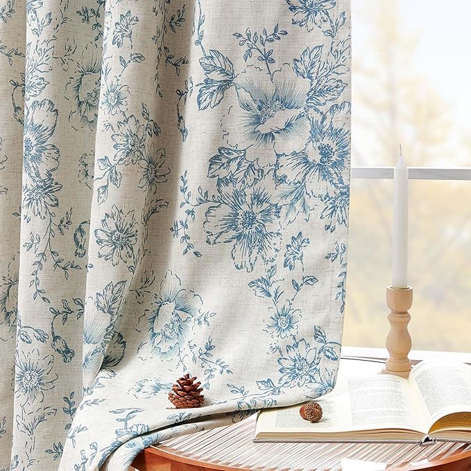 jinchan Blackout Linen Blend Curtain Floral Blackout Curtains for Living Room 63 Inch Length Blue Printed with Lined Blackout Curtain for Bedroom Farmhouse Curtains Set 2 Panels