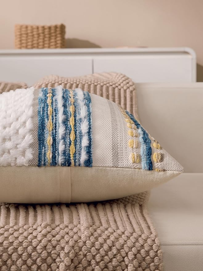 KOOLIFE Boho Chenille Tufted Couch Throw Pillow Covers 18x18 Inch Set of 2 Farmhouse Striped Decorative Pillow Covers Accent Neutral Square Pillowcase Blue Cushion Covers for Livingroom Sofa Bed