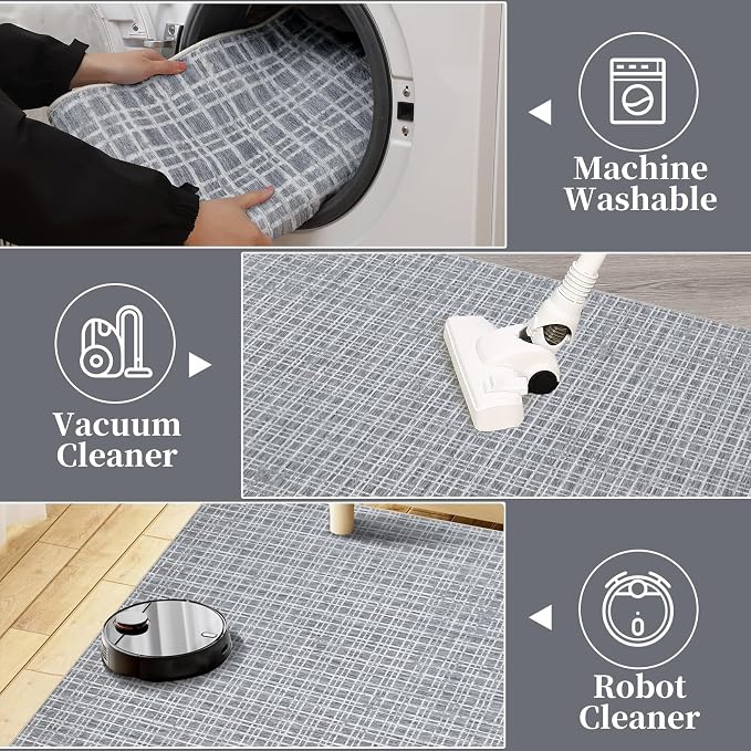 Washable Area Rugs 8x10 Rug for Living Room Modern Bedroom Rug Grid Large Area Rug Farmhouse Non Slip Throw Rugs Soft Low Pile Stain Resistant Carpet for Dining Room Classroom 8'x10' Grey