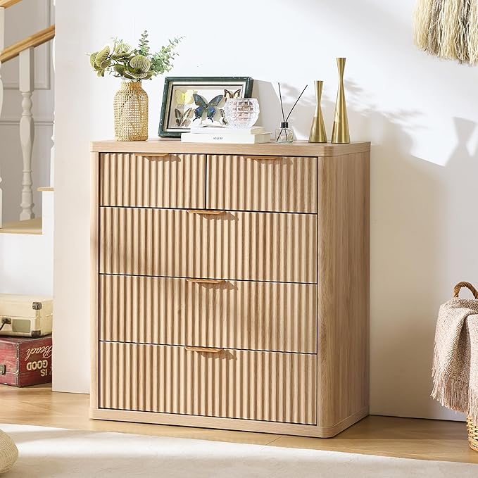 LEYAOYAO Fluted 5 Drawers Dresser for Bedroom Set of 2, 34" Tall Modern Chest of Drawers with Metal Handle, Curved Profile Design,Natural Wood Drawer Organizer for Bedroom, Living Room, Hallway