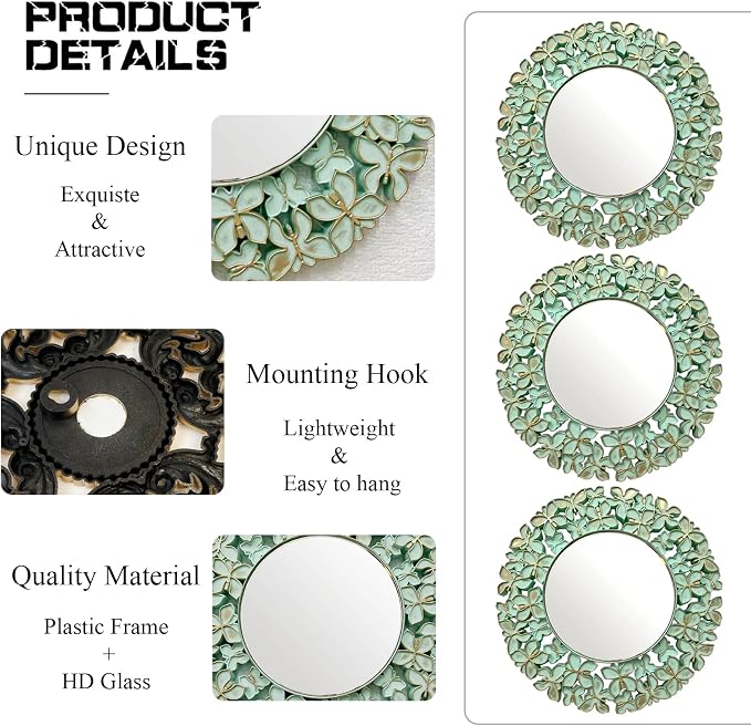 DXYAKY 3 Pack Floral Ornate Decorative Wall Mirror - Elegant Mint Green with Gold Accents, 9.8" Plastic Round Mirror Set, Lightweight Wall Art Décor for Bedroom, Bathroom, Living Room & Entryway