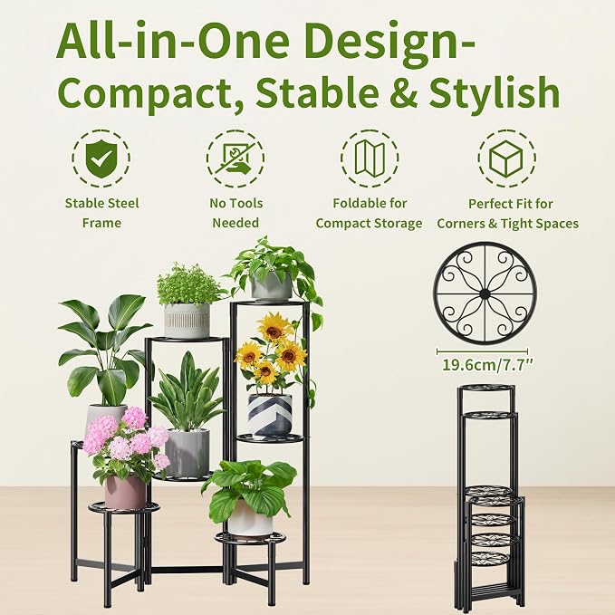 Plant Stand Outdoor,7 Tier Foldable Corner Tall Plant Shelf for Multiple Plants Flower Pot Holder Display Stand for Living Room Balcony Garden Patio -BlackS