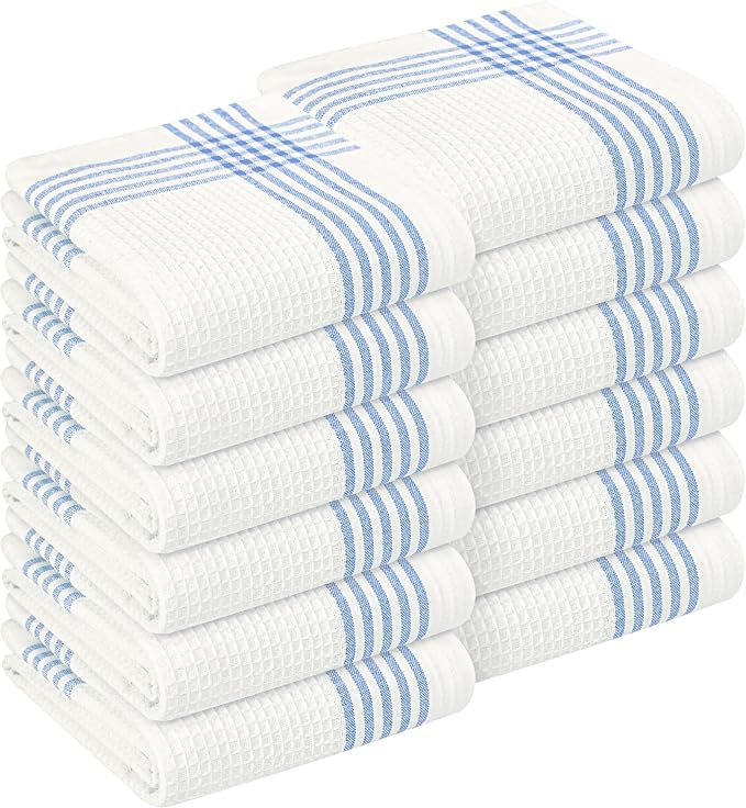 Waffle White & Sky Blue Kitchen Towels 12 Pack, 100% Cotton 16x26 inches, Quick Dry Bar Mop Towel, Super Absorbent Wash Cloths for Cleaning, Drying Dishes, Long Lasting Dishcloth