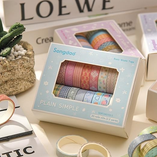 Songdao 20 Rolls Basic Washi Tape Set Japanese Arts Adhesive Tapes Simple Patterns Decorative Masking Tape Sets for Craft, Kids, Scrapbook, DIY, Gift Wrapping (Style Three)