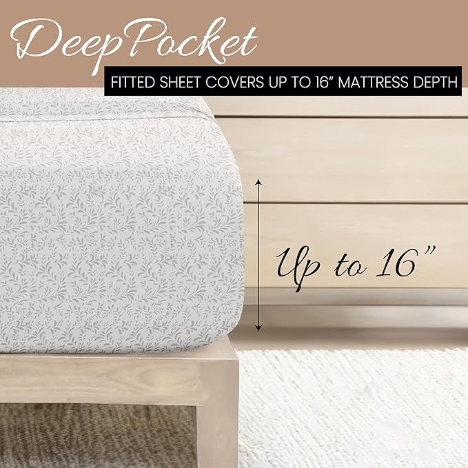Linen Market Double-Brushed Patterned Microfiber Queen Sheet Set 4 Piece – Oeko-TEX Certified Ultra Soft & Wrinkle-Free - 16" Deep Pocket Sheets - Easy Care Queen Size - Burst of Vines Light Gray
