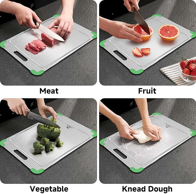 100% Pure Titanium Cutting Board with Grooves, Update Double Side Titanium Chopping Board, Silicone Anti-slip Stainless Cutting Boards for Kitchen 11 * 15 IN, Green