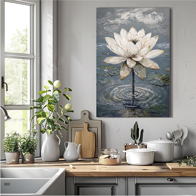 Stunning white lotus emerges from prismatic water with delicate petals background Serene aquatic wall art suitable for modern minimalist decor 20x30in Wood Framed