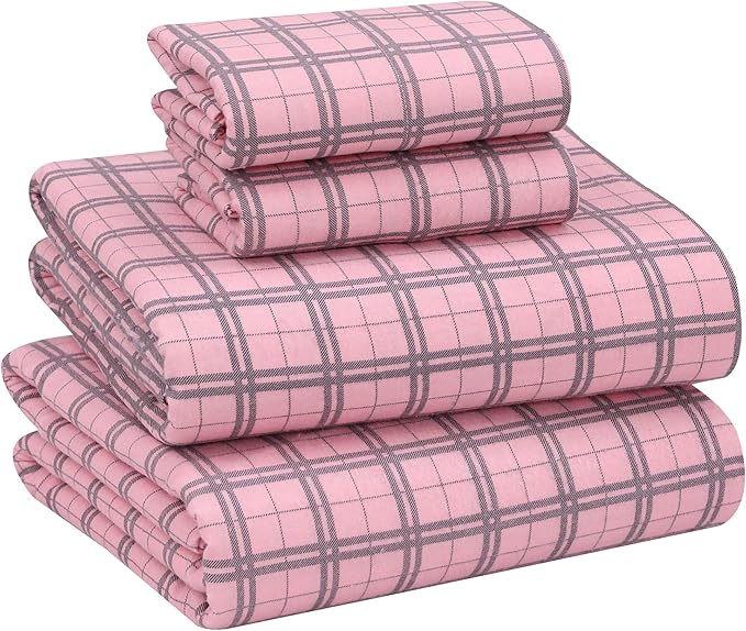 RUVANTI Flannel Sheets Queen Size - 100% Cotton Double Brushed Bed Sheets, Deep Pockets 16 Inches Queen Sheet Set, All Seasons Breathable & Extra Soft - Warm & Cozy, 4 Piece, Check & Bolt Pink