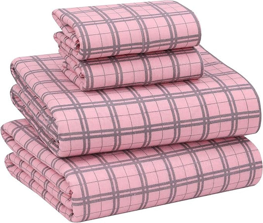 RUVANTI Flannel Sheets King Size - 100% Cotton Brushed King Size Sheets Set - Deep Pockets 16 Inches Bed Sheets - All Seasons Breathable & Extra Soft - Warm & Cozy, 4 Piece, Check & Bolt Pink