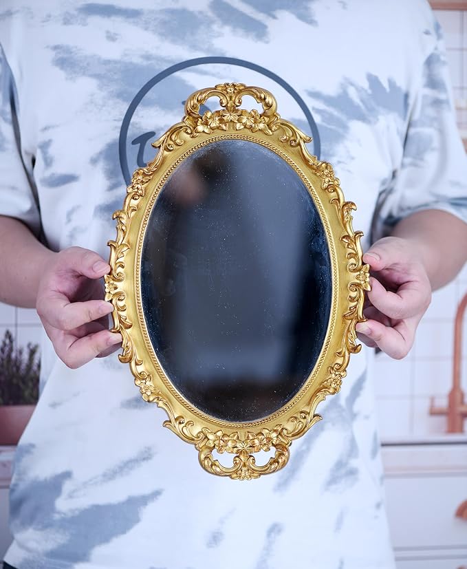 Tstarer Vintage Decorative Gold Framed Mirror, Small Oval Wall Hanging Mirror -Small- 9.6" W x 14.3" L (Gold)