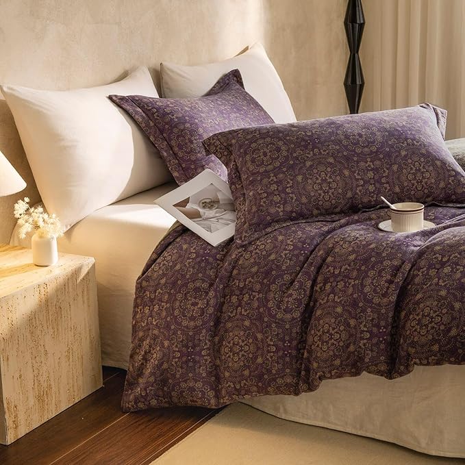 VM VOUGEMARKET Purple Green Duvet Cover Queen,3 Pieces Retro Boho Medallion Jacquard Flower Bedding Set,Linen Cotton Yarn-Dyed Textured Duvet Cover with Zipper Closure