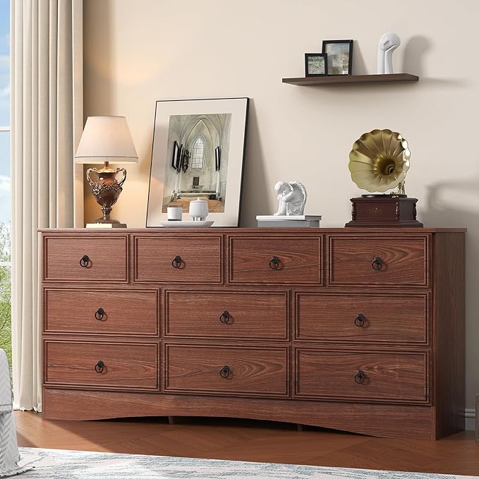 63”W Dressers for Bedroom, Long Dresser with 10 Deep Drawer, Dressers & Chests of Drawers for Clothes, Easy Pulls Handle, Textured Borders, for Living Room, Hallway,Cherry Wood