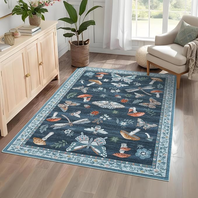 5x7 Washable Mushroom Floral Small Rug Non Slip Living Room Vintage Area Rug Low Pile Soft Bedroom Rugs Non Shedding Kitchen Rugs Boho Retro Indoor Carpet for Kids Nursery Room, Blue