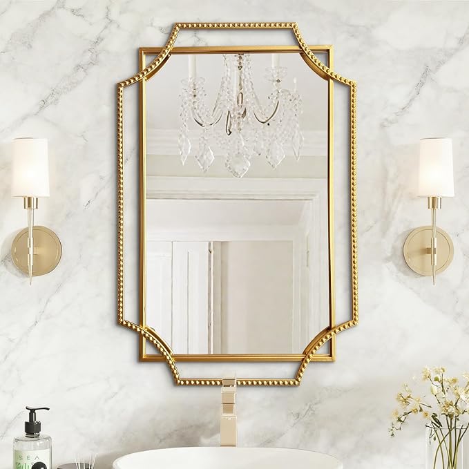 Gold Bathroom Mirror with Metal Frame 24"x36" Antique Beaded Decorative Wall Vanity Mirror Rectangle Polished Beveled Mirrors for Bedroom Entryway Fireplace