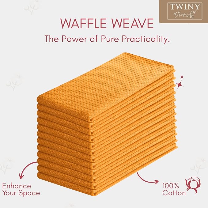 TWINY threads Mustard Yellow Kitchen Towels Set of 12 - Soft, Absorbent 100% Cotton Waffle Weave Dish Towels - Absorbent, Fast Dry Hand Towels with Loop for Fall Decor & Dining - 16"x26"