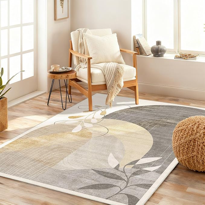 MUJOO 3x5 Washable Rugs,Boho Large Area Rug for Entryway Kitchen Entry Bedroom Bedside Foyer,Small Throw Carpet Indoor Non Slip Mid Century Modern Abstract Botanical Geometric Accent Neutral Beige