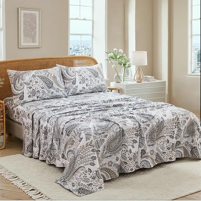 100% Cotton Sheet Set King Size – 4-Piece Luxury Grey Paisley Bedding Set, Extra Soft Breathable Percale Weave, Deep Pocket Fitted Sheet 17.5", Crisp Cool Feel Bed Sheet